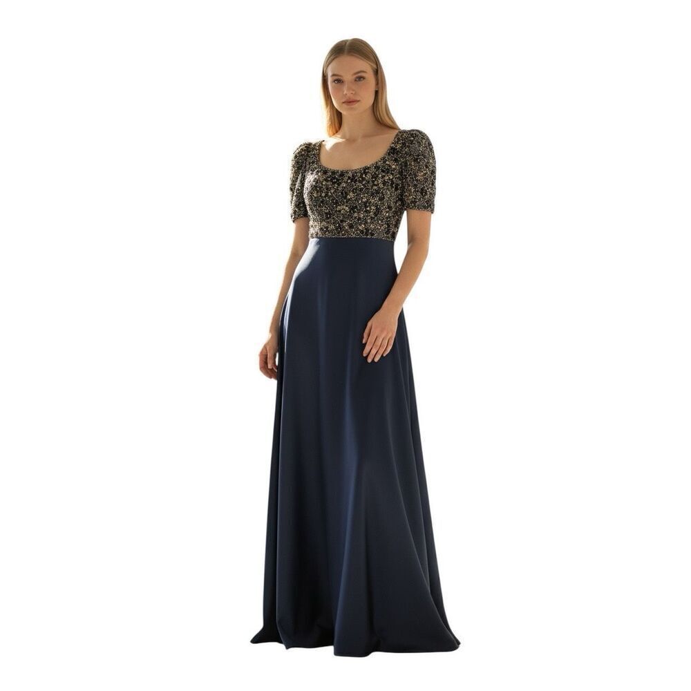 Marchesa Navy Beaded Evening Gown